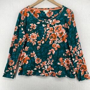 SUNDANCE Top M Rosey Delights Floral Jersey Henley Long Sleeve Cotton Green